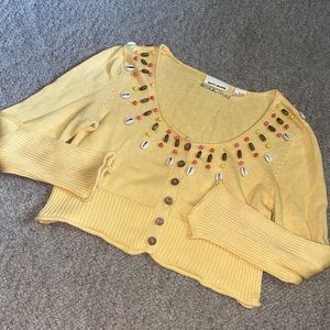 DKNY jeans, button up cardigan, sweater with bead and shell detail